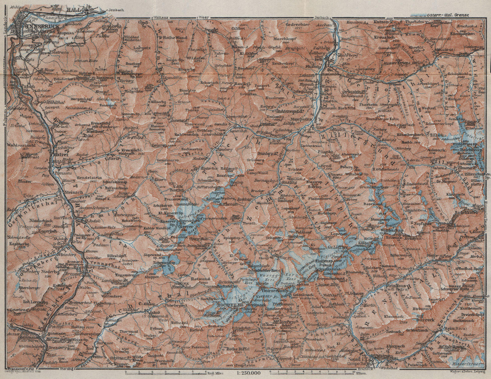 ZILLERTALER ALPEN ALPS. Mayrhofen Matrei Steinach. Tyrol/Südtirol 1927 old map